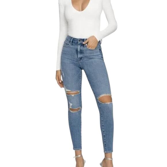 Good American Good Legs High Waist Ripped Crop Skinny Jeans In Blue Size 10/30 - Picture 1 of 6